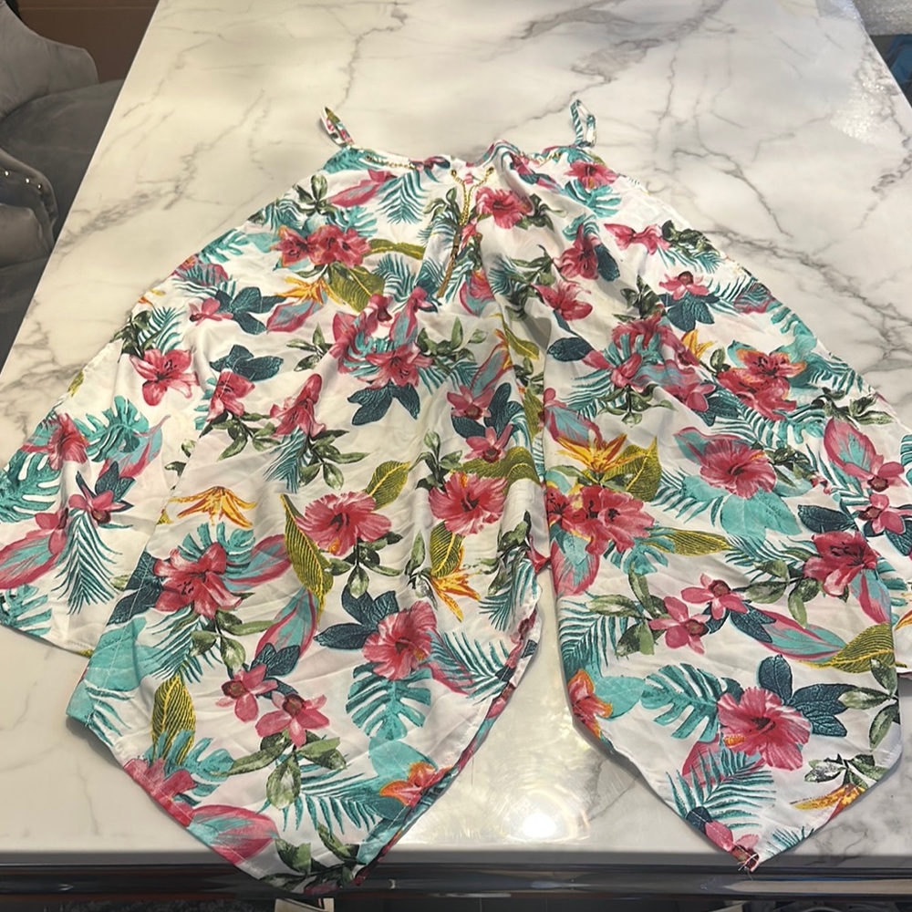 Speed Control High Low Dress with Pink and Green Floral Design - Picture 2 of 5